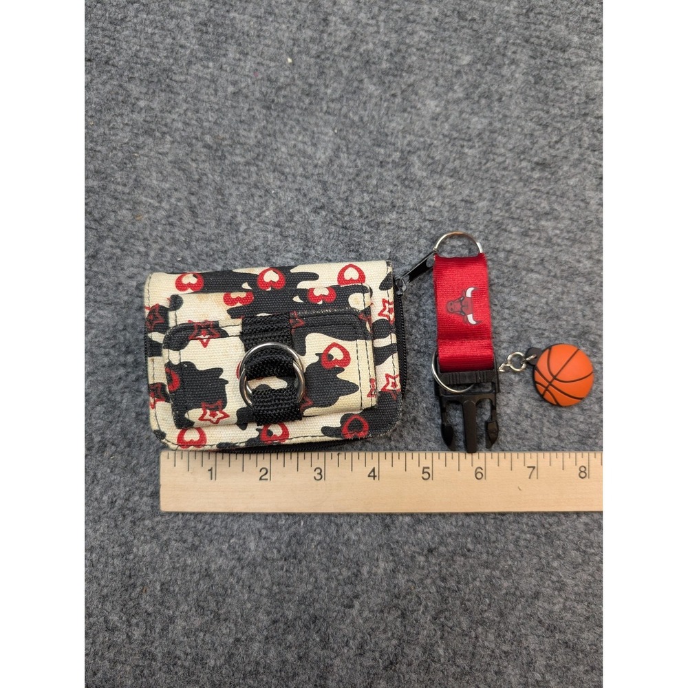 Small Cloth ID Wallet With Lanyard Red Interior Black Cream Heart Print